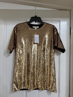 NEW with Tags $295 Michael Kprs Oversized Gold Sequin T-Shirt sz XS